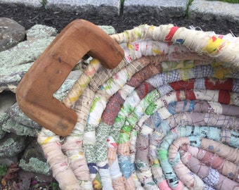 Woven Cloth Basket/Storage Basket/Braided Rag Rug/Carved Wood Handles/Primitive Farmhouse Folk Art Decor/Large 35”L/Handmade/Vintage