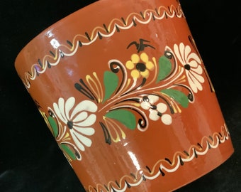 Hungary Planter Hanging Pot/Ceramic Pottery/Hungarian Folk Art/Hand-Painted Flowers/Terra Cotta Earthenware/Handmade/Large 8.5”/Vintage