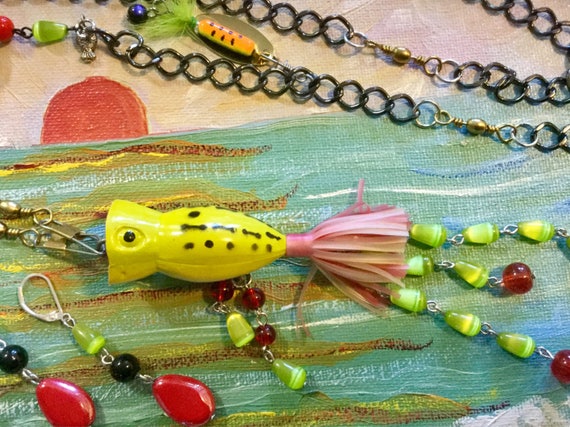 Fishing Lure Necklace With Fish Hook and Bead Accent.red and  Silver..fishing Lure Jewelry 