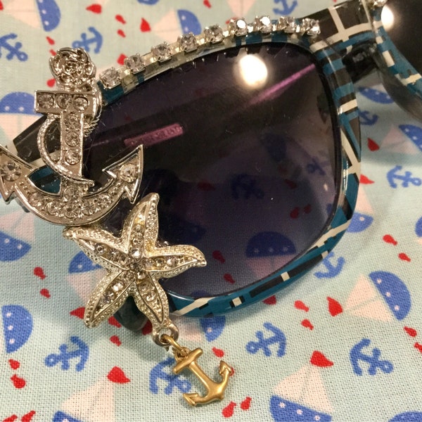 Beaded Sunglasses/Nautical/Rhinestone Beads & Bedazzled Charms/“Foster Grant”/Starfish/Anchor/Blue Plaid/Summer Beachwear Novelty/Handmade