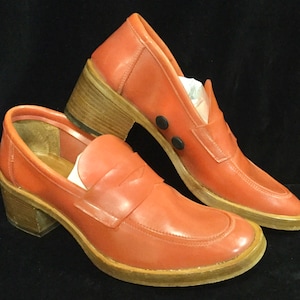 Penny Loafer Shoes/Italian/“Gianni Barbato”/Red Rubber/Leather Sole/Stacked Wood Heel/Woman’s Euro Size 37.5/Handmade/Vintage 1980s