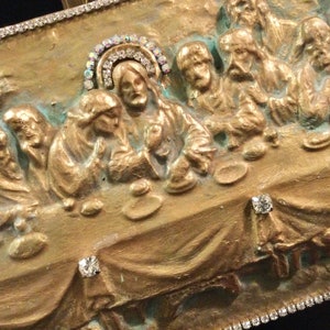 Last Supper Plaque/Religious Rhinestone Plaster Mold/Gold-Leaf/Verdigris/Tabletop/Kitsch/Handmade/Vintage