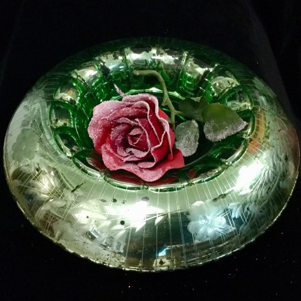 Depression Glass Console Bowl-Dish-Centerpiece-Vase/Green Floral Etched-Glass/Reverse Glass Mirror/Domed w/Rolled-Edge/Large/Vintage 1940s