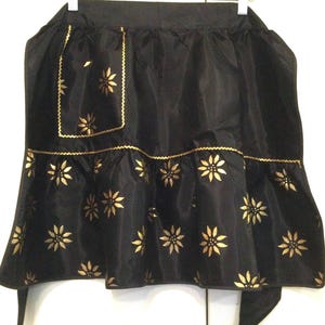 50s Christmas Half-Apron/Black-Taffeta with Gold Metallic HP Poinsettia Flowers/Hand Painted/Fancy-Formal/Handmade/Vintage 1950s