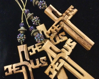 Jesus Cross Christmas Ornament Set/Beaded/Religious/Catholic/Hand-Carved Olive-Wood/Holy Land/Bethlehem/Handmade/4 Piece SET/Vintage