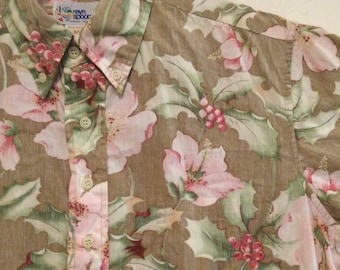Hawaiian Shirt/Reyn Spooner/Christmas Holly Berry Reverse-Print/Button-Down Pullover/Cotton/Short-Sleeve/Mens Medium/Vintage 1960s