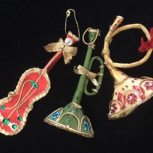 Musical Christmas Ornament/Guitar+Trumpet+Trombone Music Instrument/Beaded/Red-Green-Gold-Metallic/Silk & Paper/Japan/3pc SET/Vintage 1960s