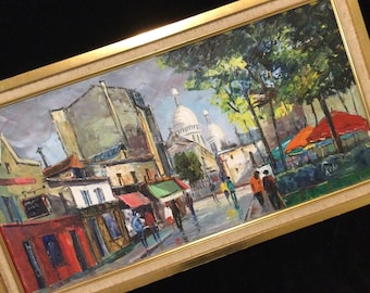 Vintage Paris Oil Painting/Original Street Scene “Montmartre Sacre Coeur” French Cityscape/Signed Kelo/Framed/Large 14x19”/Mid Century 1950s