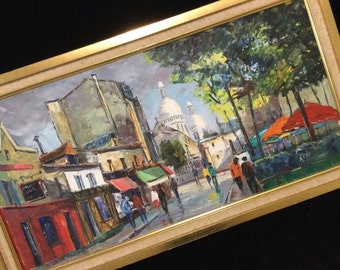 Vintage Paris France Painting/Original Oil CityScape/Montmartre Sacre Coeur/French Street Scene/Signed Kelo/Framed/Large 14x19”/Vintage 1950