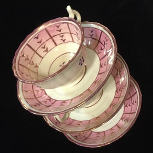 Pink Luster Floral Teacup & Saucer/Copper Lusterware/Soft Paste Porcelain Bone China Creamware/3 Piece SET/Rare Vintage Antique 1800s