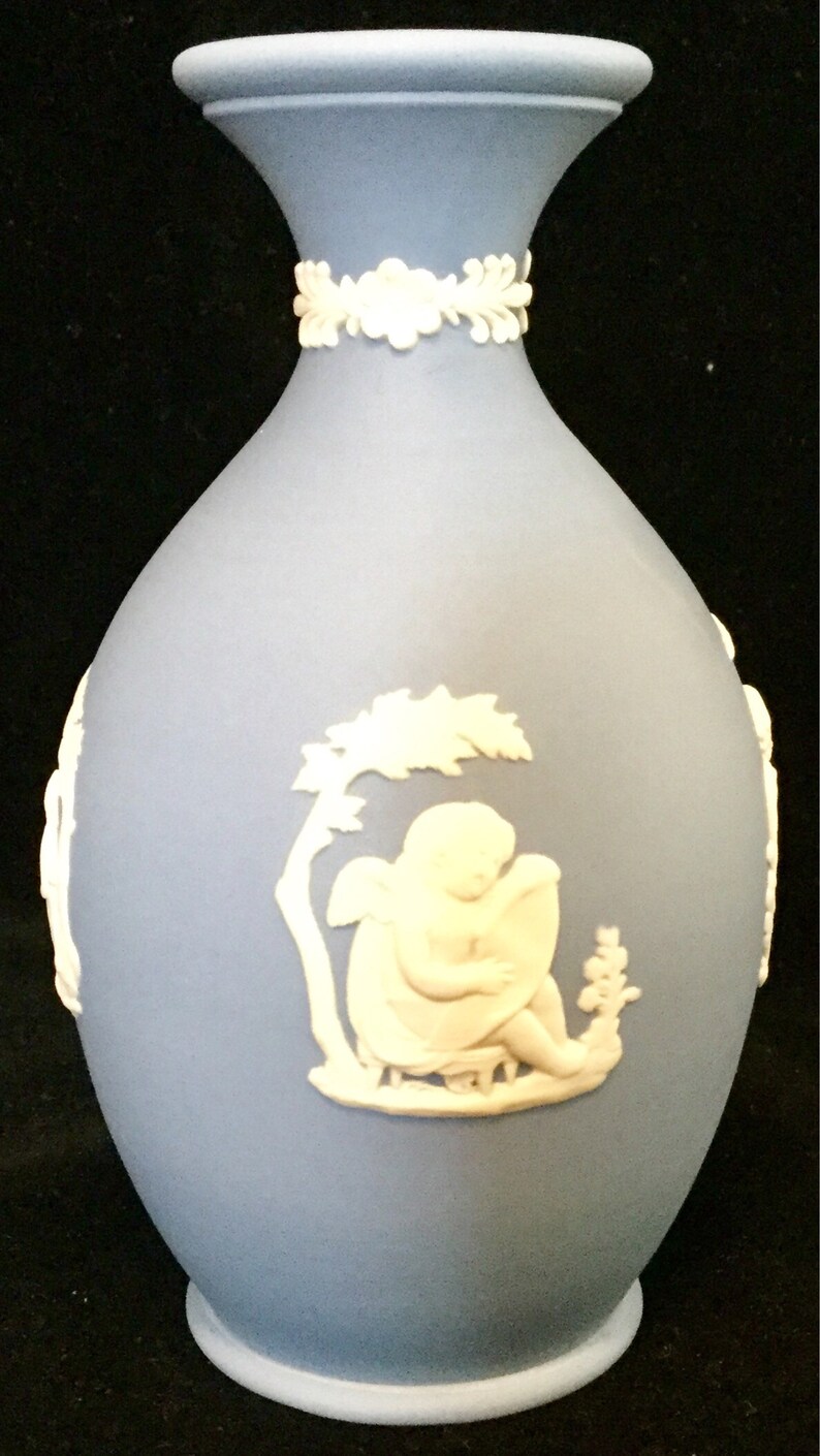 Wedgewood Jasperware Blue Jasper Collectors Society Floral Girl Trophy Plate Heart Dish Bud Vase Oval Charriot Trinket 4 Piece SET Vintage