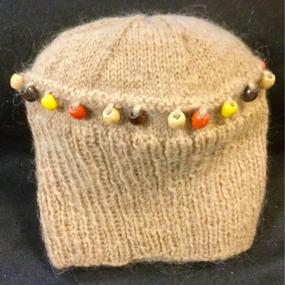 1960s Beaded Knit Hat-Beanie-Cap/Winter/Tan-Brown… - image 3