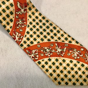 1940s Mens Tie-Necktie/Art Deco Smoothie Silk Jacquard/Buffalo Check Plaid/Leaf Print/Red-Green-Gold/4.5Wx 53L/Vintage image 2