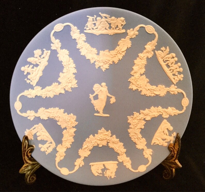 Wedgewood Jasperware Blue Jasper Collectors Society Floral Girl Trophy Plate Heart Dish Bud Vase Oval Charriot Trinket 4 Piece SET Vintage
