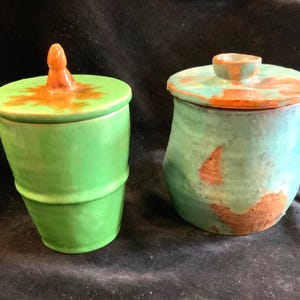 Ceramic Crock-Canister-Jar/Covered-Lidded/Studio Pottery/American Art Pottery/Signed/Hand Thrown/Knob/Handmade/2 Piece Set/Vintage