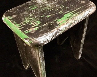 Black Wood Stool-Cricket-Bench-Foot Stool-Boot Jack/Furniture/Black & Green Chippy Paint/Primitive Country/Small/Handmade/Vintage