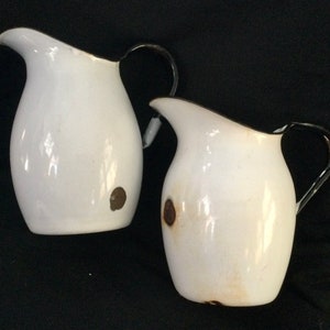 White Enamelware Pitcher-Creamer-Vase/Metal Enamel w/ Black Trim/Small 7”H/Country Farmhouse Kitchen/2 Piece SET/Vintage 1930-1940