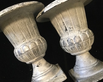Cast Iron Planter-Urn-Vase-Pedestal-Plant Pot Set/Tabletop/Medici/Wrought Iron Metal/White+Silver/2 Piece/Small 9”/Vintage 1990