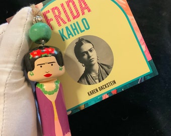 Frida Kahlo Doll Christmas Ornament/Peg People Figurine/Hanging/Wood/Beaded/Hispanic/Latino/Folk Art/Mexican/Handmade