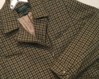 SALE—-Lauren Ralph Lauren Blazer-Jacket-Coat/RL/Brown+Green Houndstooth Check/Scottish Plaid Tartan/Wool/Zipper/Preppy/Woman 12/Vintage 1990