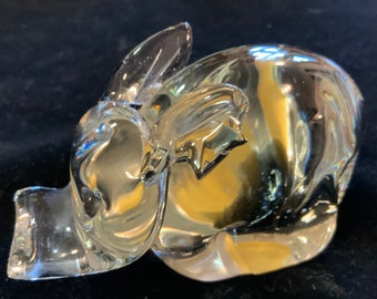 Glass Paperweight/Pig Figurine Sculpture/“Interpur”/Kosta Boda-Style/Clear Blown Glass/Pulled/Taiwan/Small 2.75”H x 4”W/Vintage 1950s