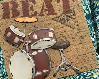 Drum Set Wall Decor/Musical Instruments/3-D Metal Art on Burlap/Square 15’x15”/Vintage