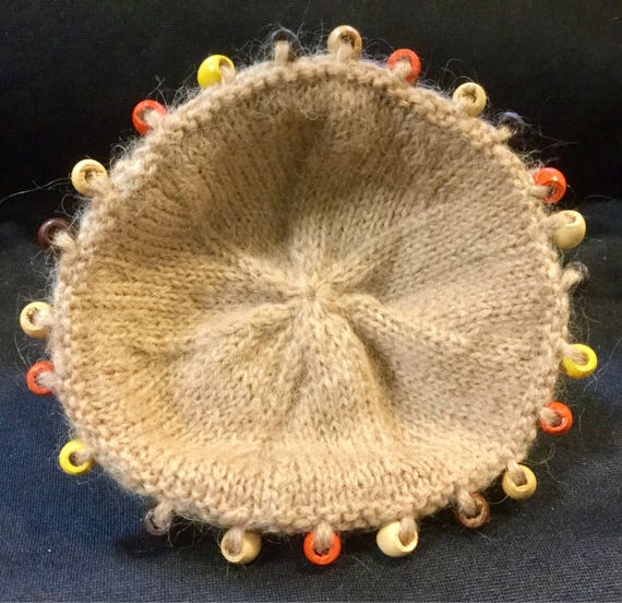 1960s Beaded Knit Hat-Beanie-Cap/Winter/Tan-Brown… - image 1