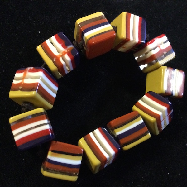 Stretch Beaded Bracelet/Plastic/Carlos Sobral?/Jackie Brazil?/“Liquorice Allsorts”/Gold & Brown Striped Laminated Resin Cube Beads/Vintage
