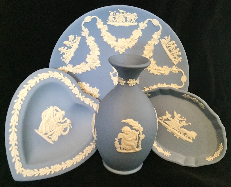 Wedgewood Jasperware Blue Jasper Collectors Society Floral Girl Trophy Plate Heart Dish Bud Vase Oval Charriot Trinket 4 Piece SET Vintage