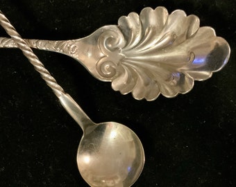 Silver-Plate Spoons/Shell Sugar Spoon by William Rogers #3 & Twisted Baby Spoon May 2 1899 by W.R. Keystone/2 Piece Set/Vintage