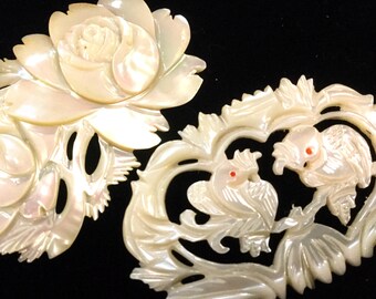 MOP Shell Brooch Pin Set/Carved Mother of Pearl Seashell/Birds & Flowers/Victorian/Oval/Handmade/Large 2 PIece/Vintage