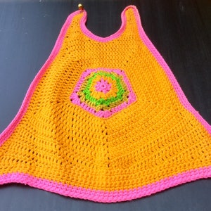 70s Crochet Halter Top-Crop Top/Granny Square/Orange+Pink/Hand-Knit/Backless/Gypsy-Boho-Hippie/Woman&#39;s Size Small/Handmade/Vintage 1970s