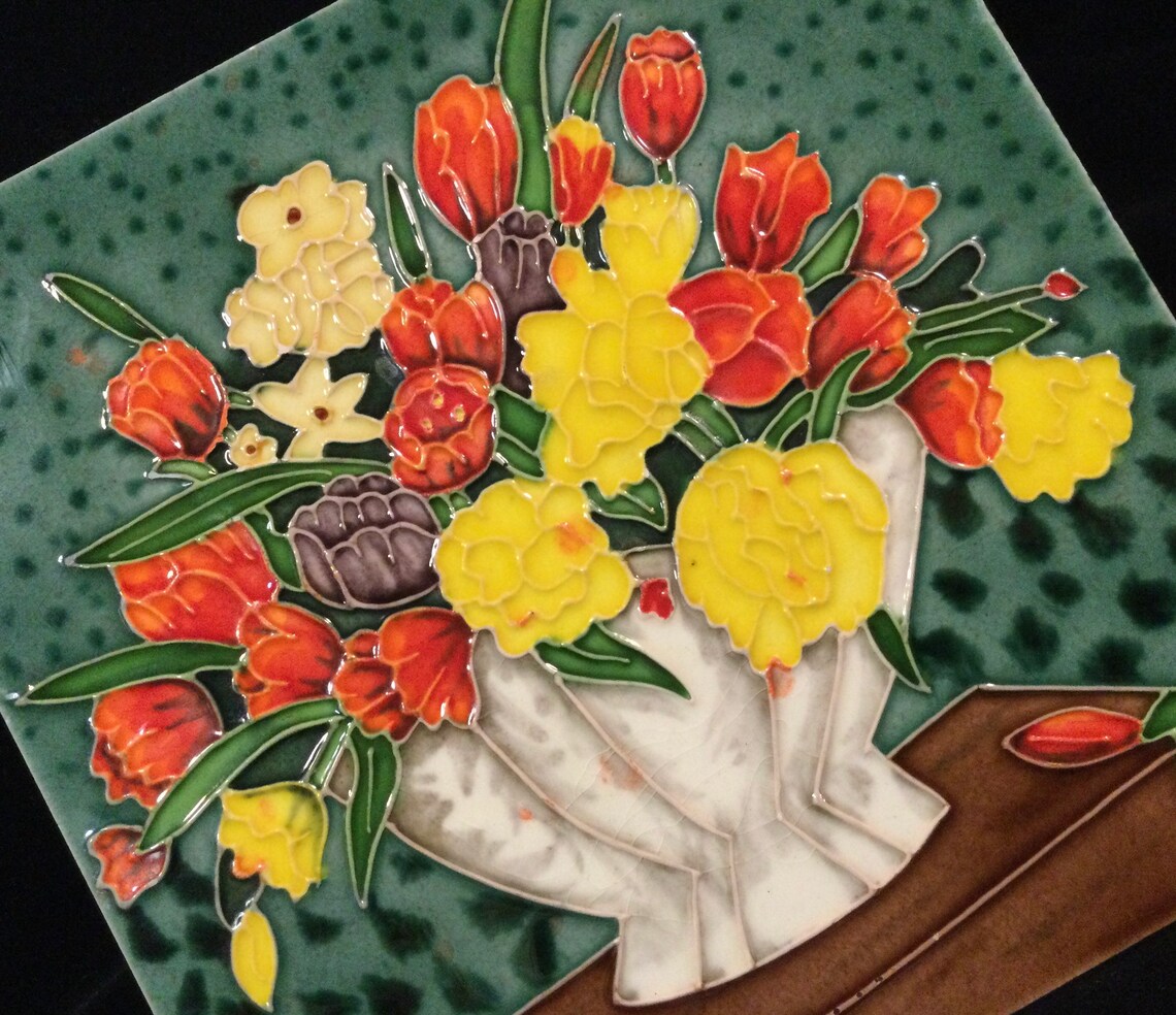 90s Floral Ceramic Art Tile/Trivet/Wall/Tabletop HandPainted Etsy