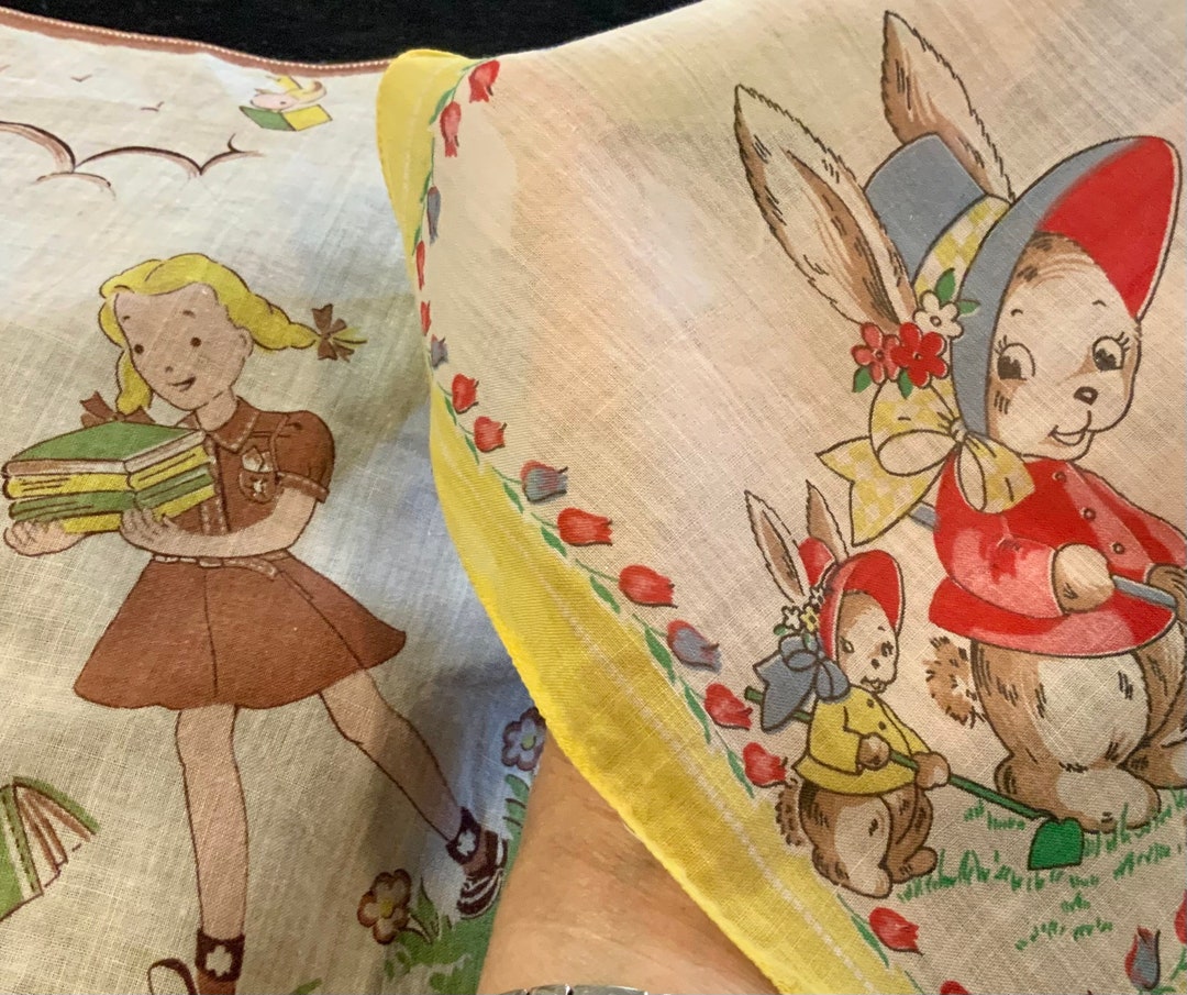 Vtg Easter Child Hanky-handkerchief/bunny Rabbit Girl Library Book ...