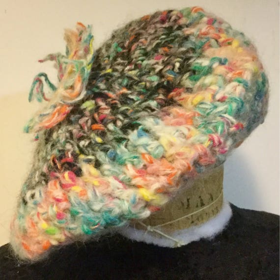 Crocheted Hat-beret-tam-cap/black & Multicolor Pastel/hand  display picture 2
