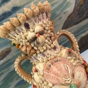 40s Shell Encrusted Vase-Flowerpot-Planter/Shell Art/Seashell Souvenir/Clay Pottery/Double Handle/Beach House/Large/Handmade/Vintage 1940s