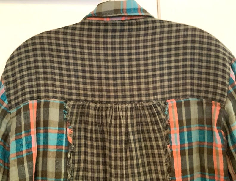 Anthropologie Pilcro Blouse-Shirt/Green Plaid Patchwork & Fringe/Button Up/Long Sleeve/Cotton/Woman Size XSP (chest 40”/Vintage 1980s image 6