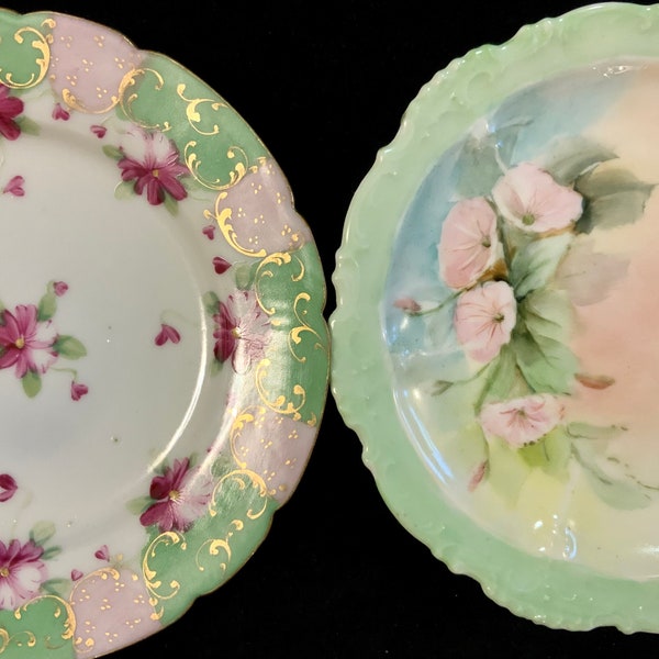 Vtg HP Floral China Plate Pair/Hand Painted Flowers/Ceramic-Porcelain/Pink+Green/Scalloped/Small 6”/Vintage 2 Piece SET