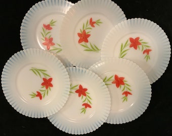Plates Set/Dessert/Macbeth Evans Monax/Petalware Florette/White Opaline Milk Glass/Depression Era/8” Bread-Salad/6 Piece/Vintage