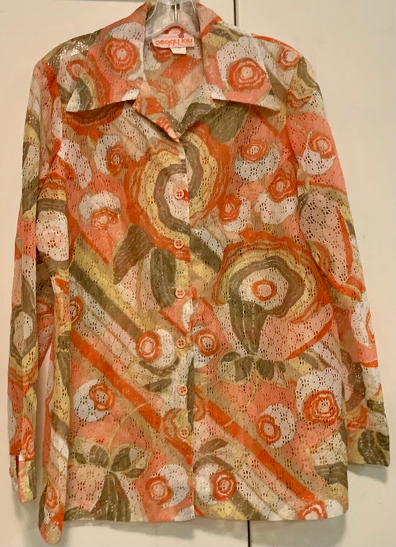 70s Eyelet Blouse-Shirt-Top/Orange Floral Abstrac… - image 2