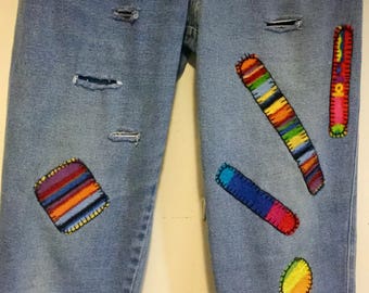 Denim Jeans-Pants/Blue/UpCycled/Patch Appliqués/Ripped/High Waist/Hippie-Boho-Grunge/Woman Size 10 (waist 30”) Handmade/Vintage