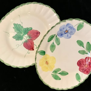 May include: Two white ceramic plates with scalloped edges and green trim. One plate features a strawberry design, the other has a floral pattern with blue, yellow, and red flowers and green leaves.