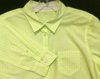 Green Blouse-Boyfriend Shirt-Top/Buffalo Check Gingham Print/Yellow & Lime Neon Fluorescent/Button-Up/Long Sleeve/Woman's Size Large/Vintage