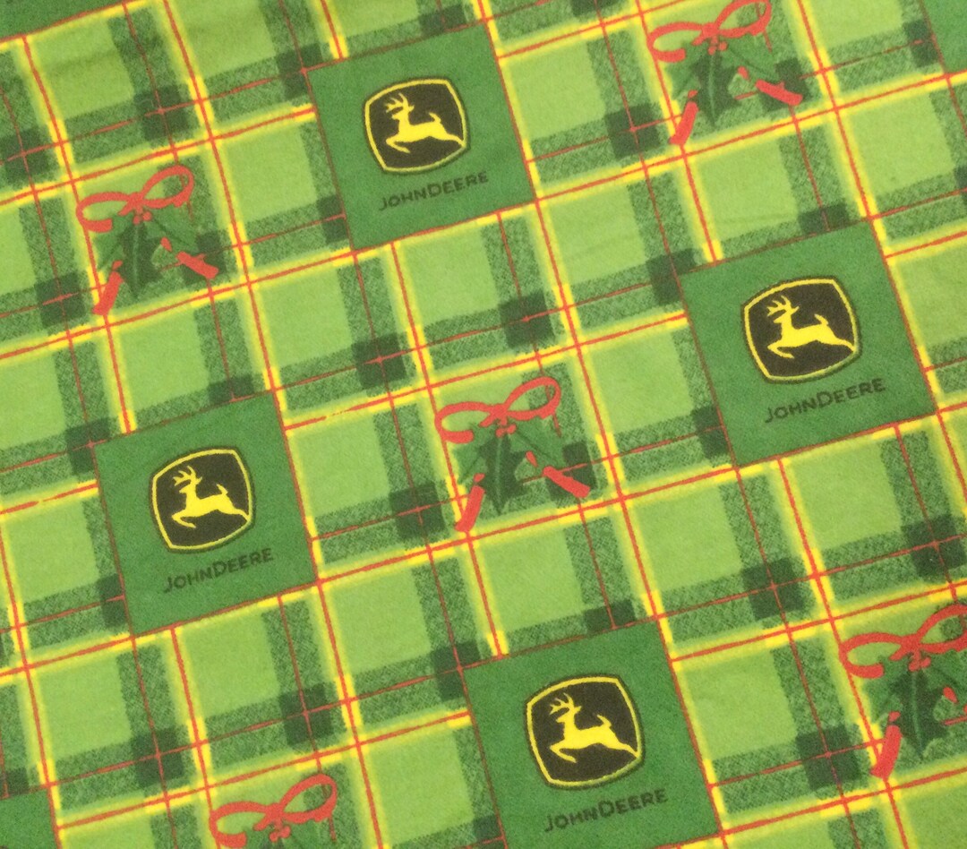 John Deere Flannel Fabric/redgreen Holly Plaid With Leaping Deer/1 1/3