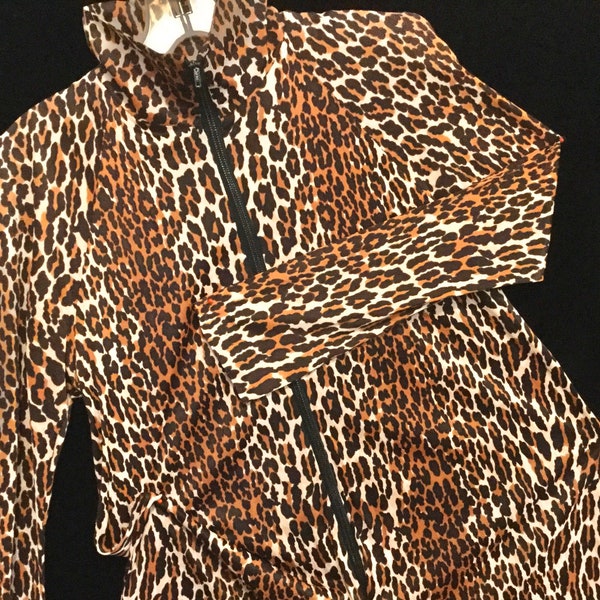 1960 Leopard Jumpsuit-Pantsuit-Bodysuit-Catsuit-Hostess Gown/Animal Print/Zipper/Turtleneck/Long-Sleeve/Nylon/Woman Small chest 34”/Vintage