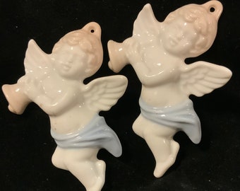 Angel Ornaments Set/Christmas/Musical/Winged/Porcelain Ceramic China/Blue & White/Pier I Imports/Japan/2 Piece/Vintage 1990s