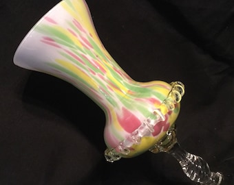 Vintage Glass Vase/Blown Glass/Czech Bohemian/Franz Welz?/“End of Day”/Yellow Spatter/Pedestal/Cased/Footed/Large 10.5”/Art Deco 1930
