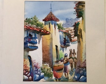 Vtg Mexico CityScape Painting/Original Watercolor/Village Street Scene/Latino/Mexican/Ethnic/Southwest/Unframed/Small 5 x 6.5”/Vintage