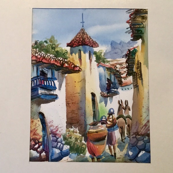 Vtg Mexico CityScape Painting/Original Watercolor/Village Street Scene/Latino/Mexican/Ethnic/Southwest/Unframed/Small 5 x 6.5”/Vintage
