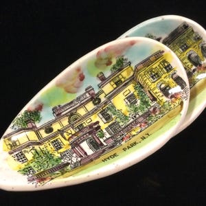 NY Ashtray-Trinket Dish Souvenir Set/Hyde Part Crestware/Ceramic/Franklin D. Roosevelt/Hudson River Valley New York/Springbrook/2pc/Vintage
